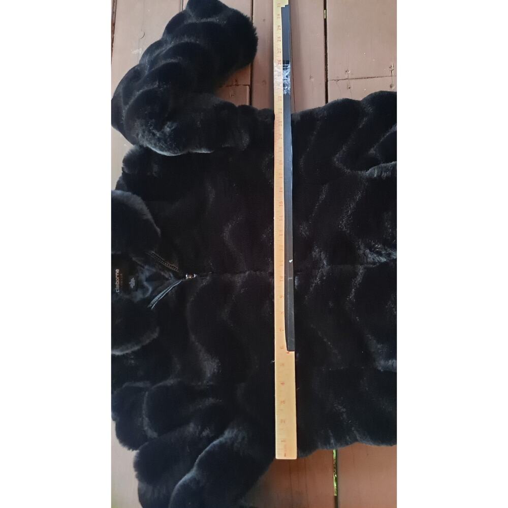 Liz Claiborne Faux Fur Black Collared Full Zip Jacket Pockets Size Large - Picture 5 of 5